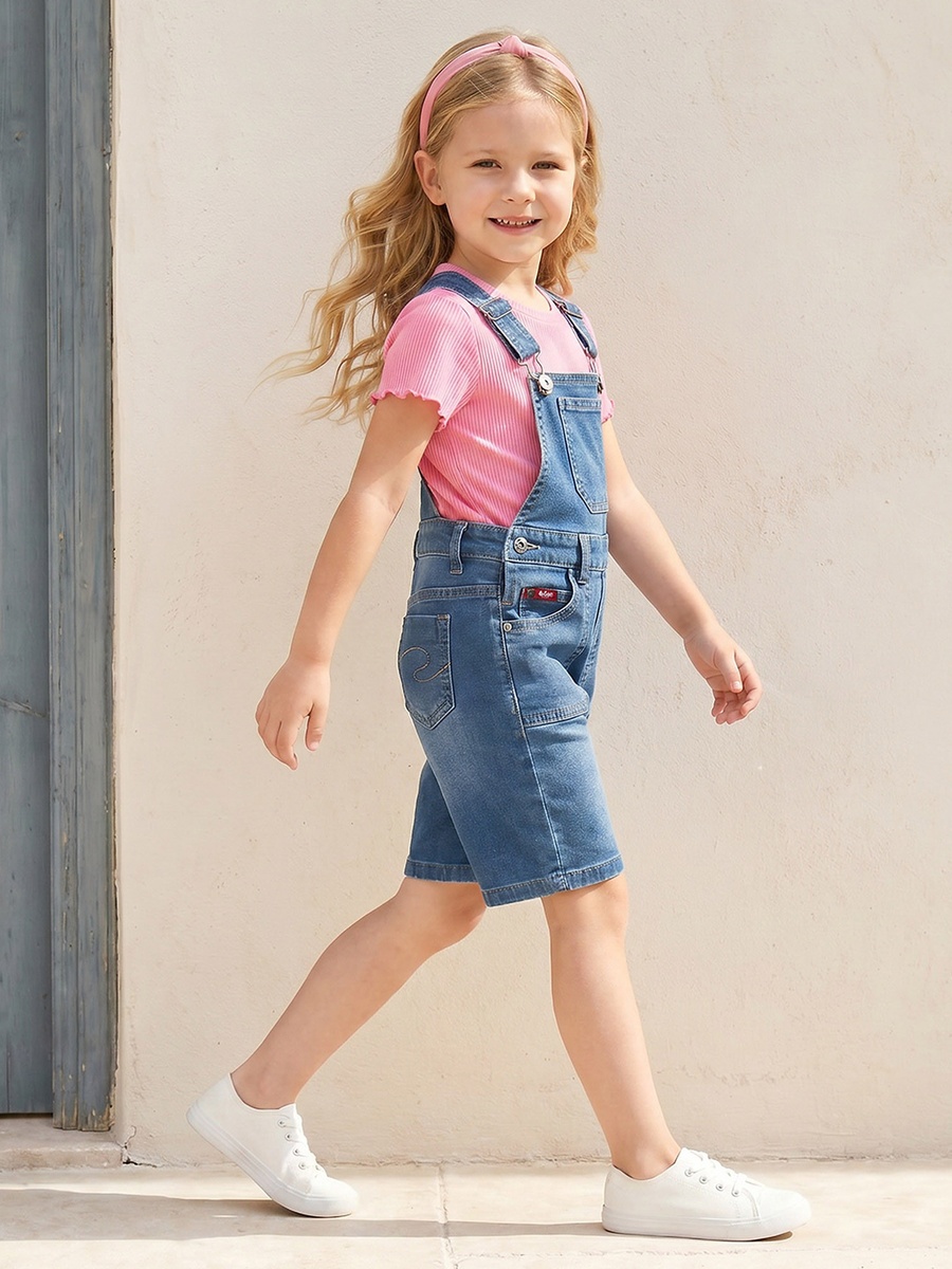 Round Neck Short Sleeves Dungaree with Denim Design