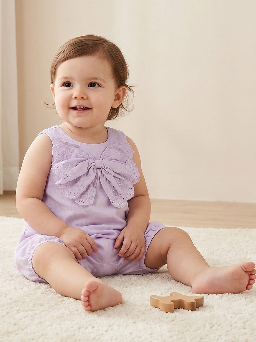 Round Neck Sleeveless Romper with Embroidered Bow