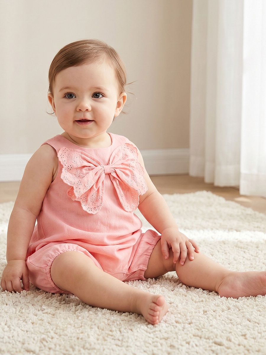 Crew Neck Sleeveless Romper with Embroidered Bow