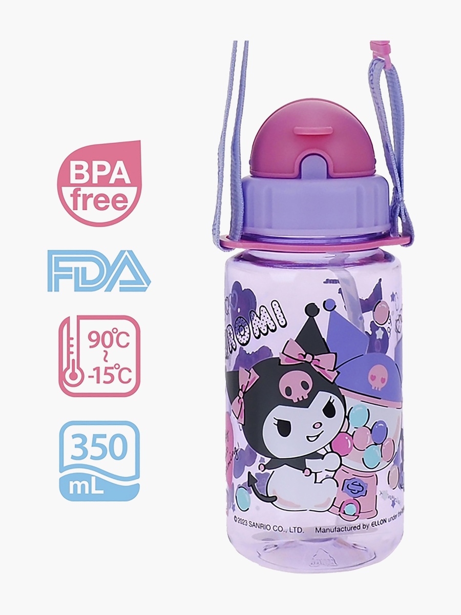 Kuromi Print Water Bottle with Straw and Strap Handle - 540 ml