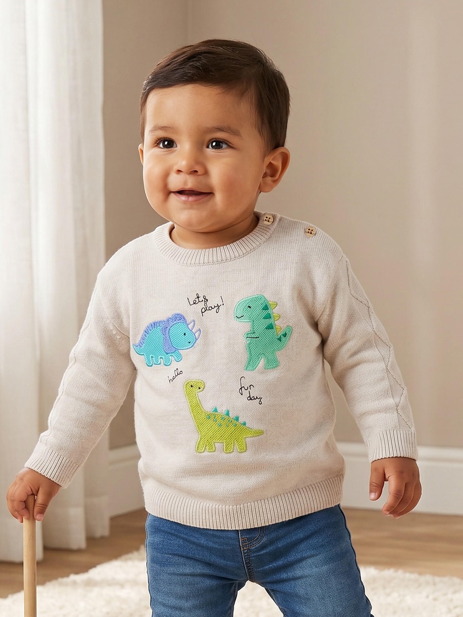 Crew Neck Sweater with Dinosaur Embroidery