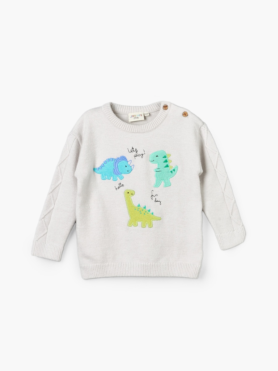 Crew Neck Sweater with Dinosaur Embroidery