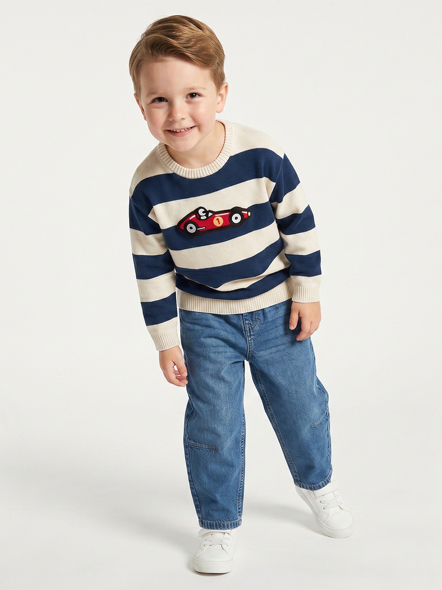 Racing Car Striped Sweater with Long Sleeves