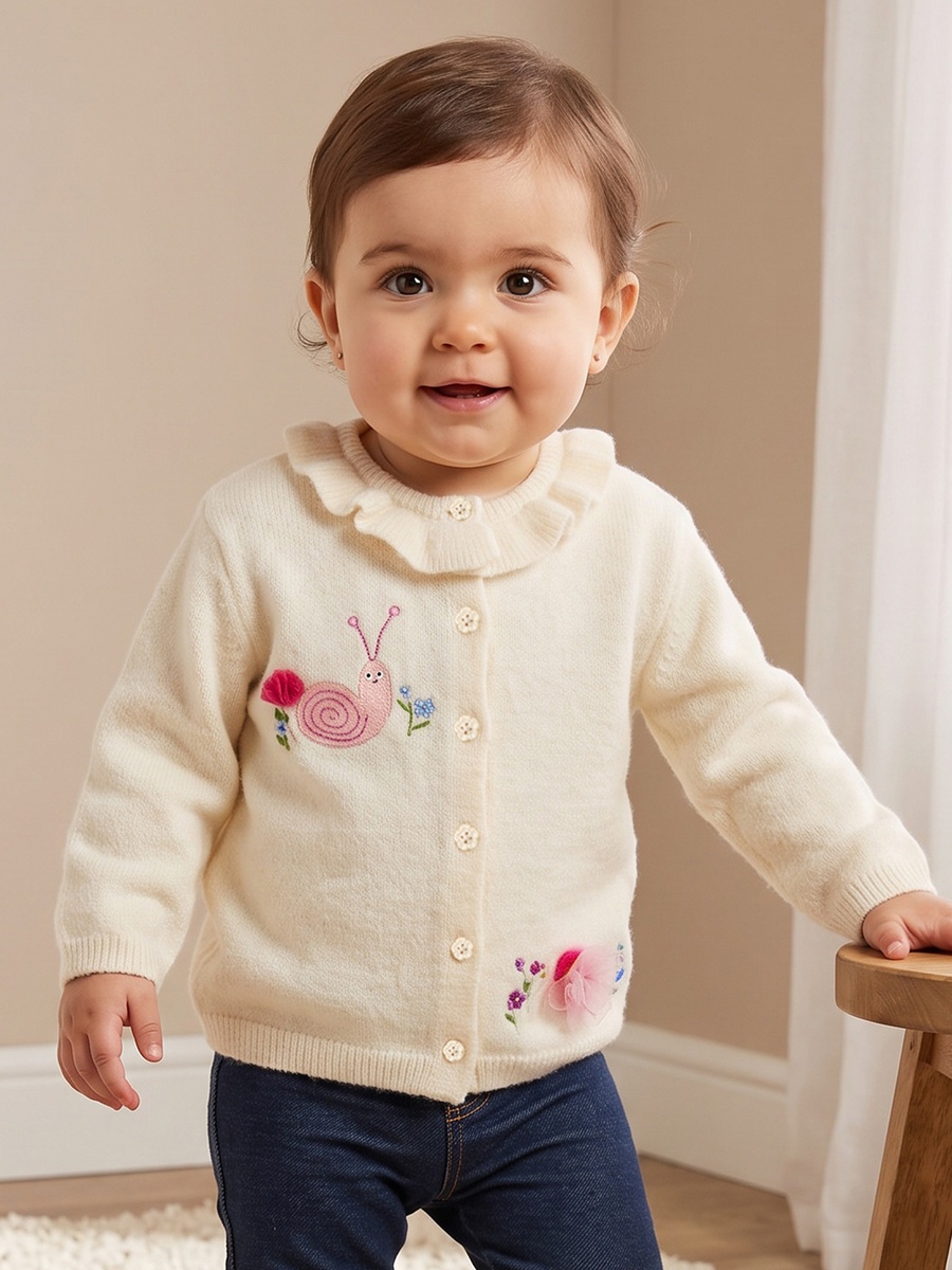 Crew Neck Cardigan with Snail Embroidery