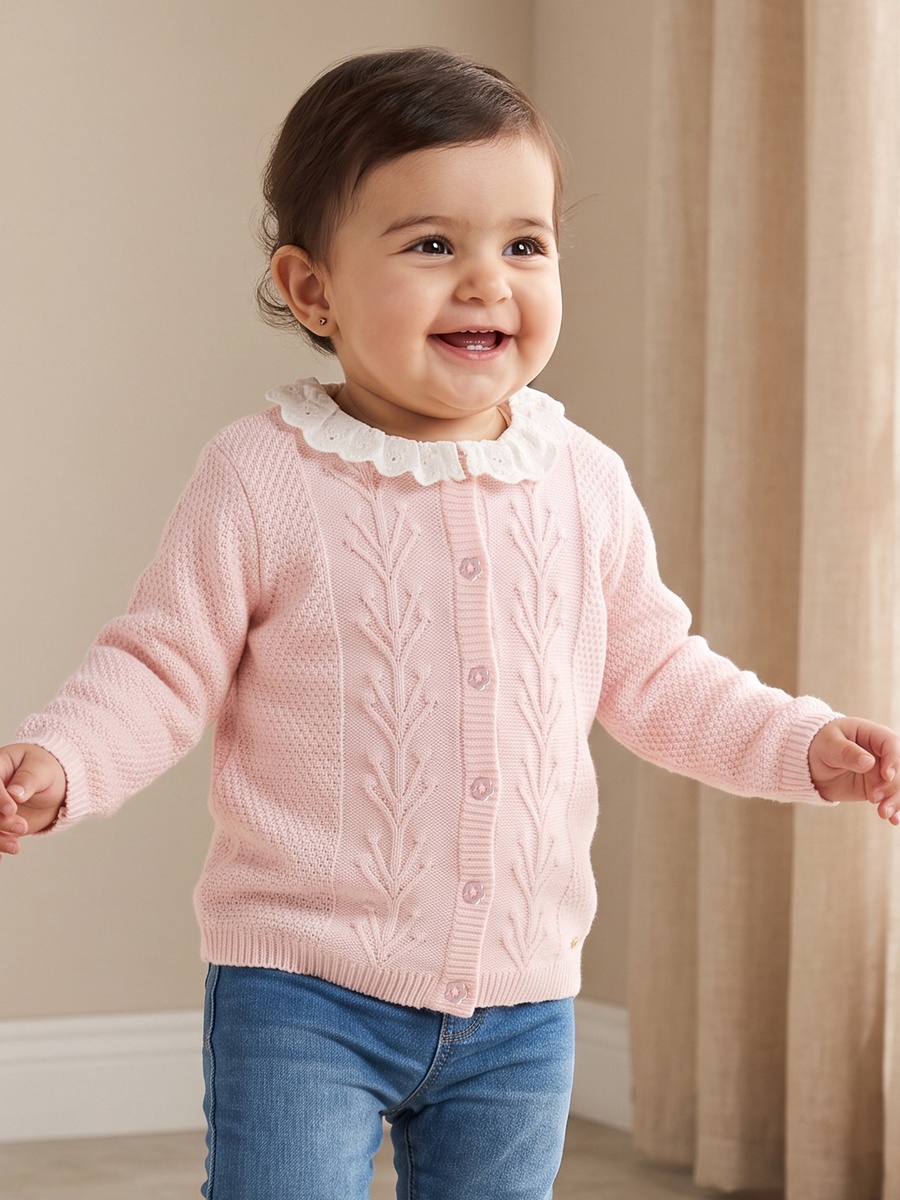 Ruffle Collared Cardigan with Embroidery