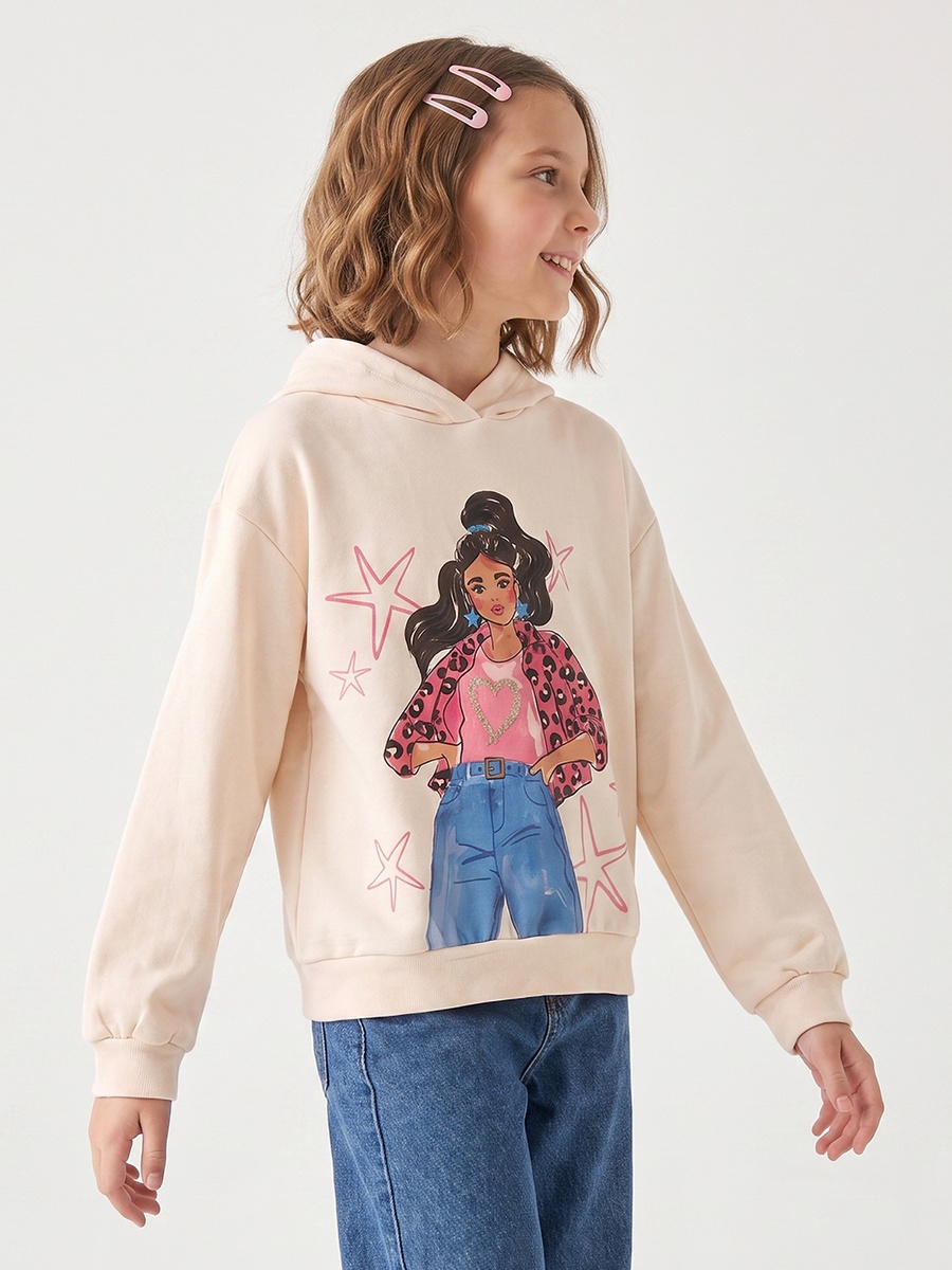 Fashion Girl Print Hooded Sweatshirt with Long Sleeves