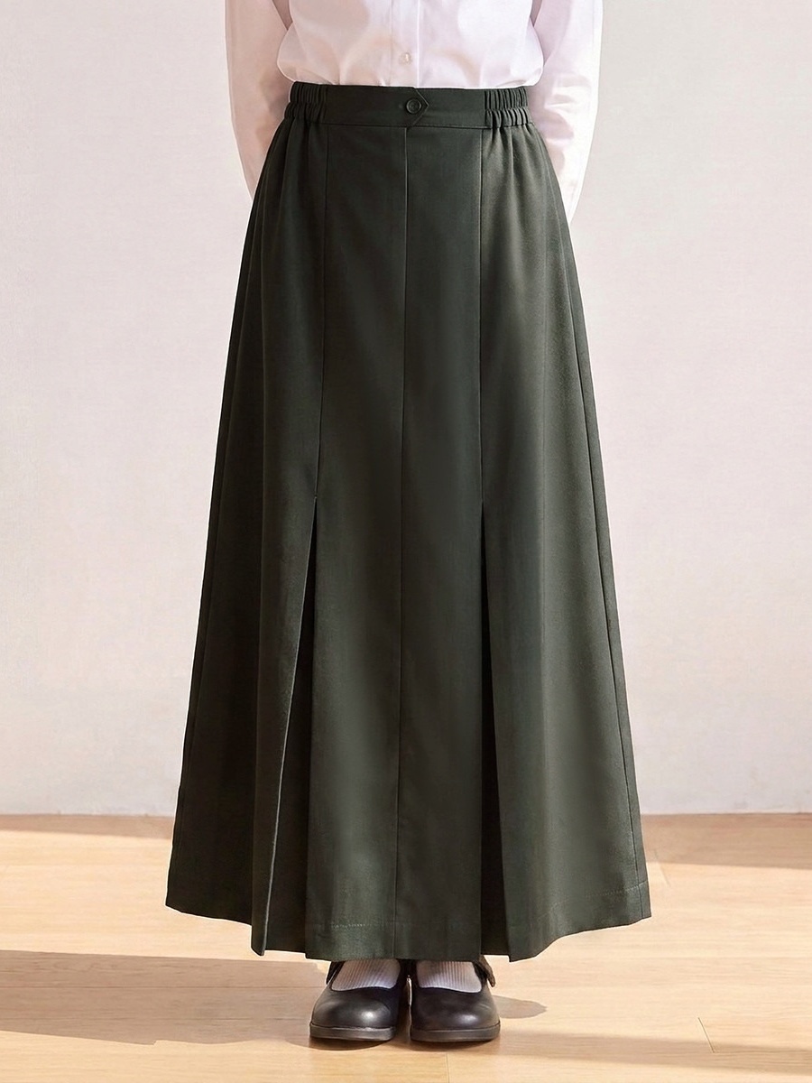 Green Knee Length School Skirt with Inverted Pleats