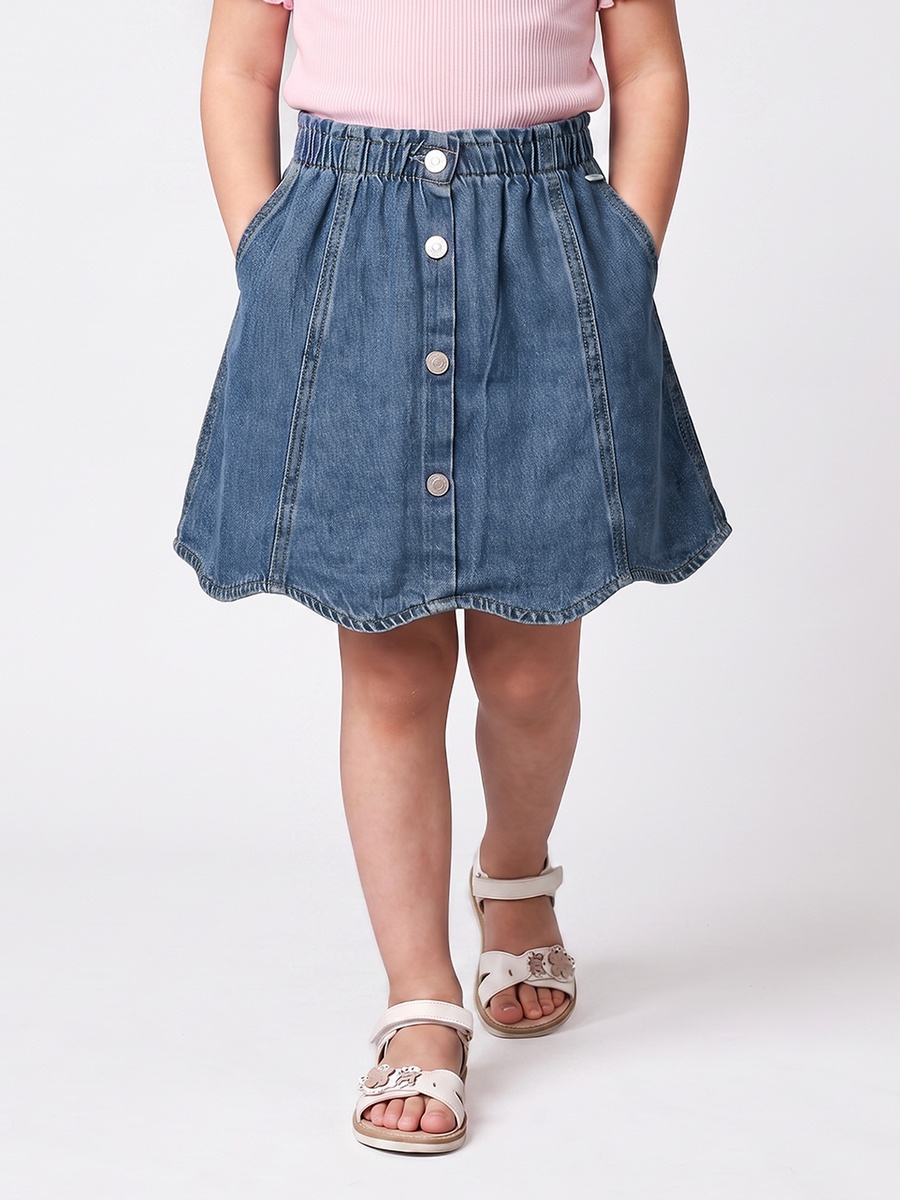 Knee Length Denim Skirt with Scalloped Hem