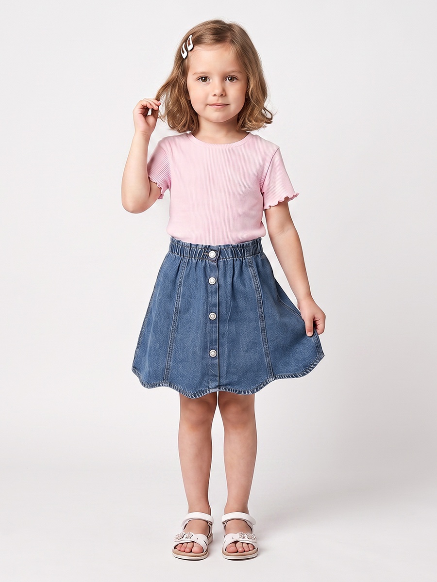 Knee Length Denim Skirt with Scalloped Hem