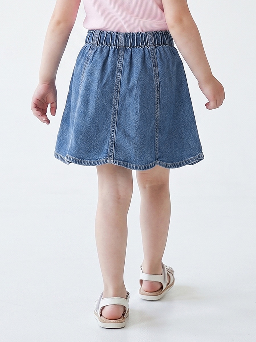Knee Length Denim Skirt with Scalloped Hem