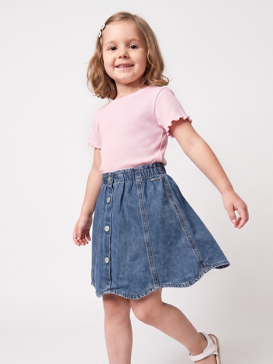 Knee Length Denim Skirt with Scalloped Hem
