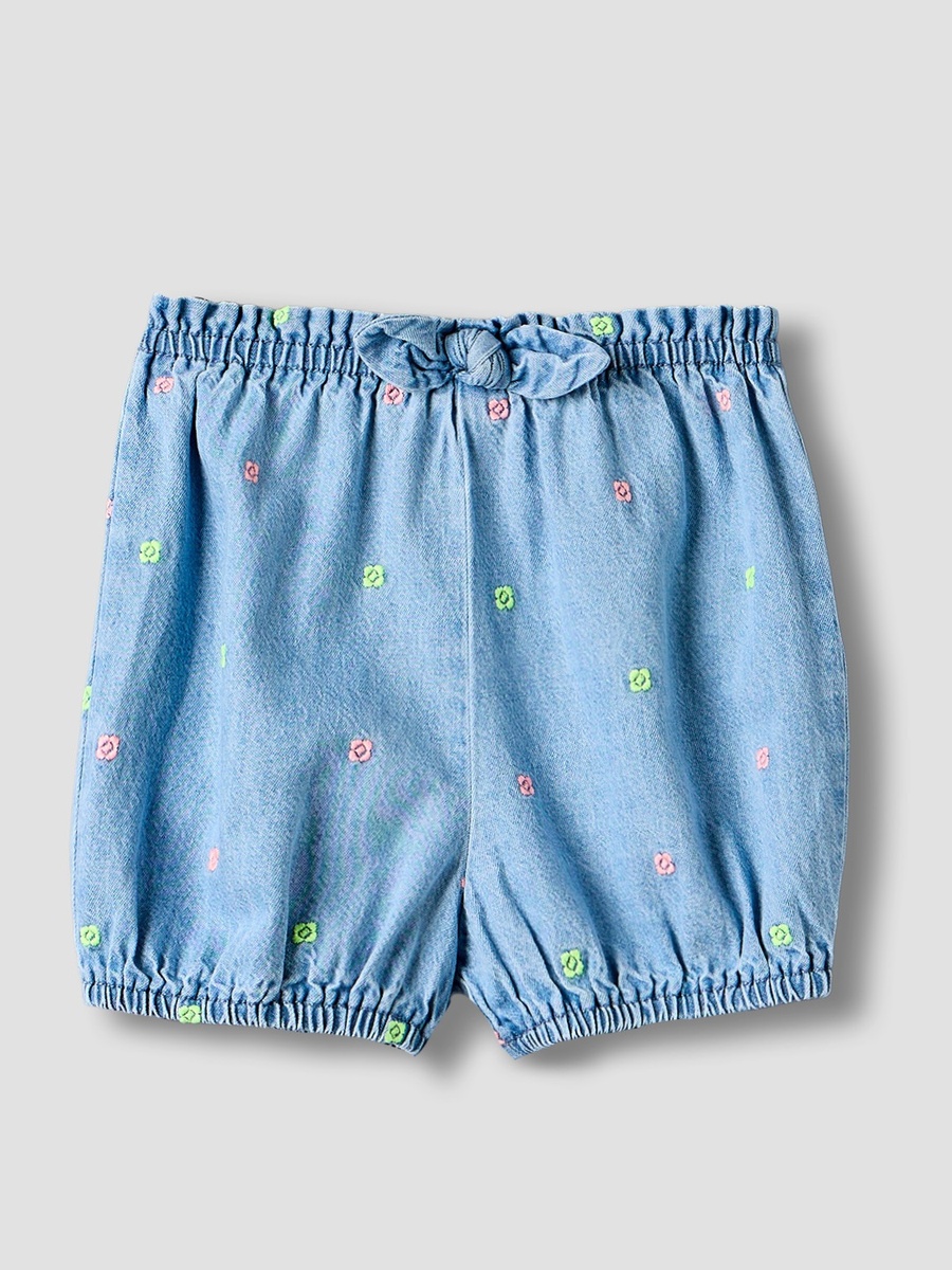 Knee Length Elasticated Waist Shorts with Floral Embroidery