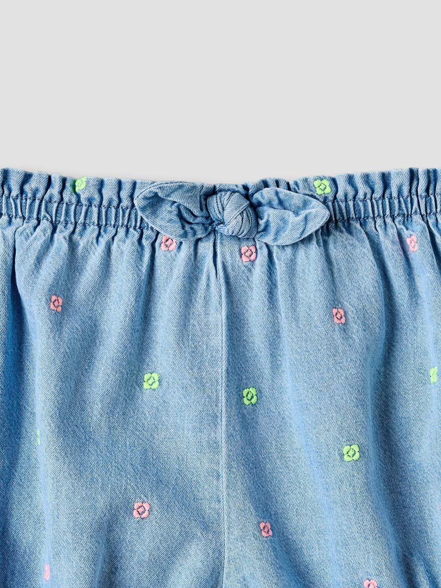 Knee Length Elasticated Waist Shorts with Floral Embroidery