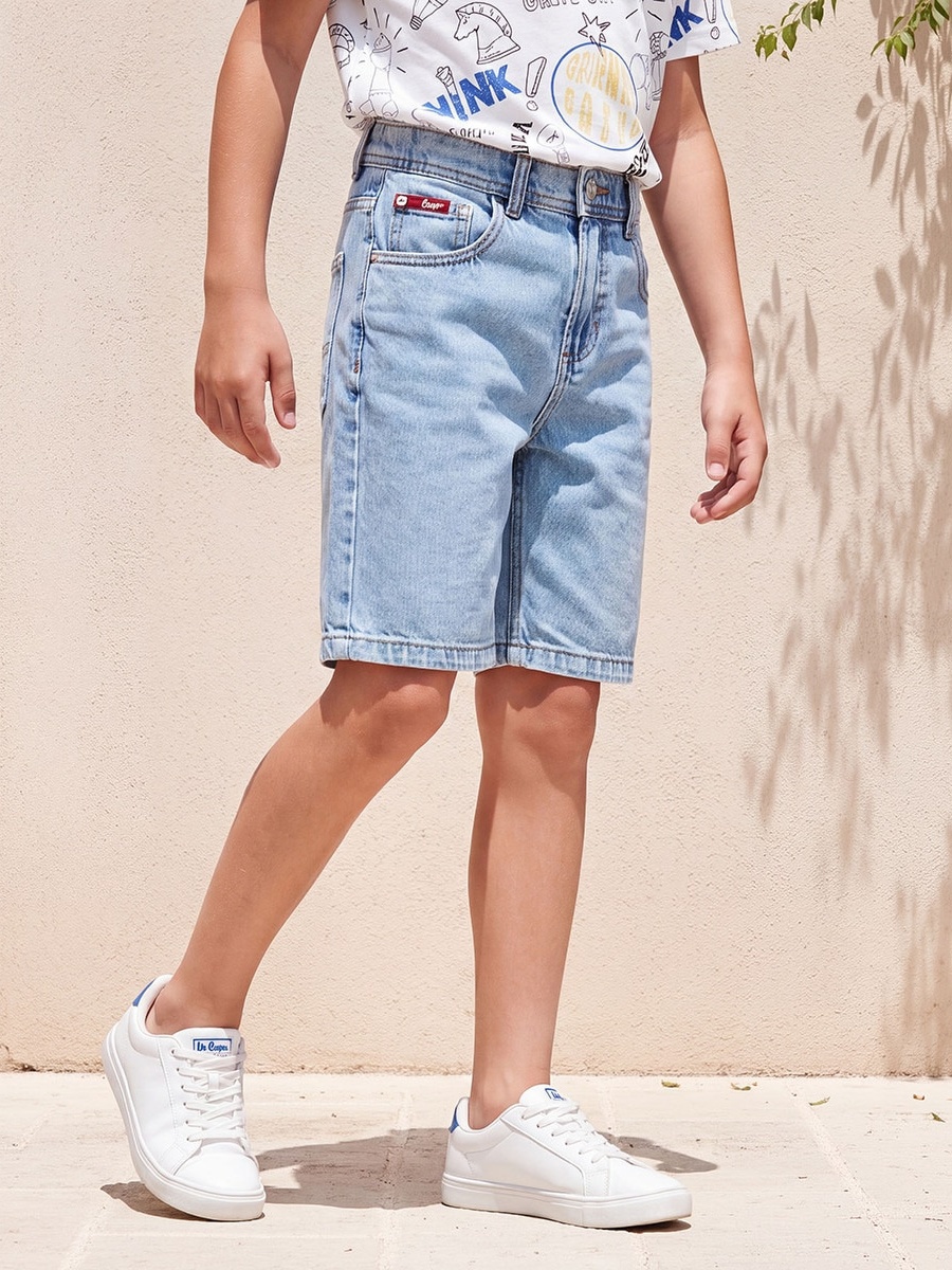 Knee Length Button Waist Denim Shorts with Pockets