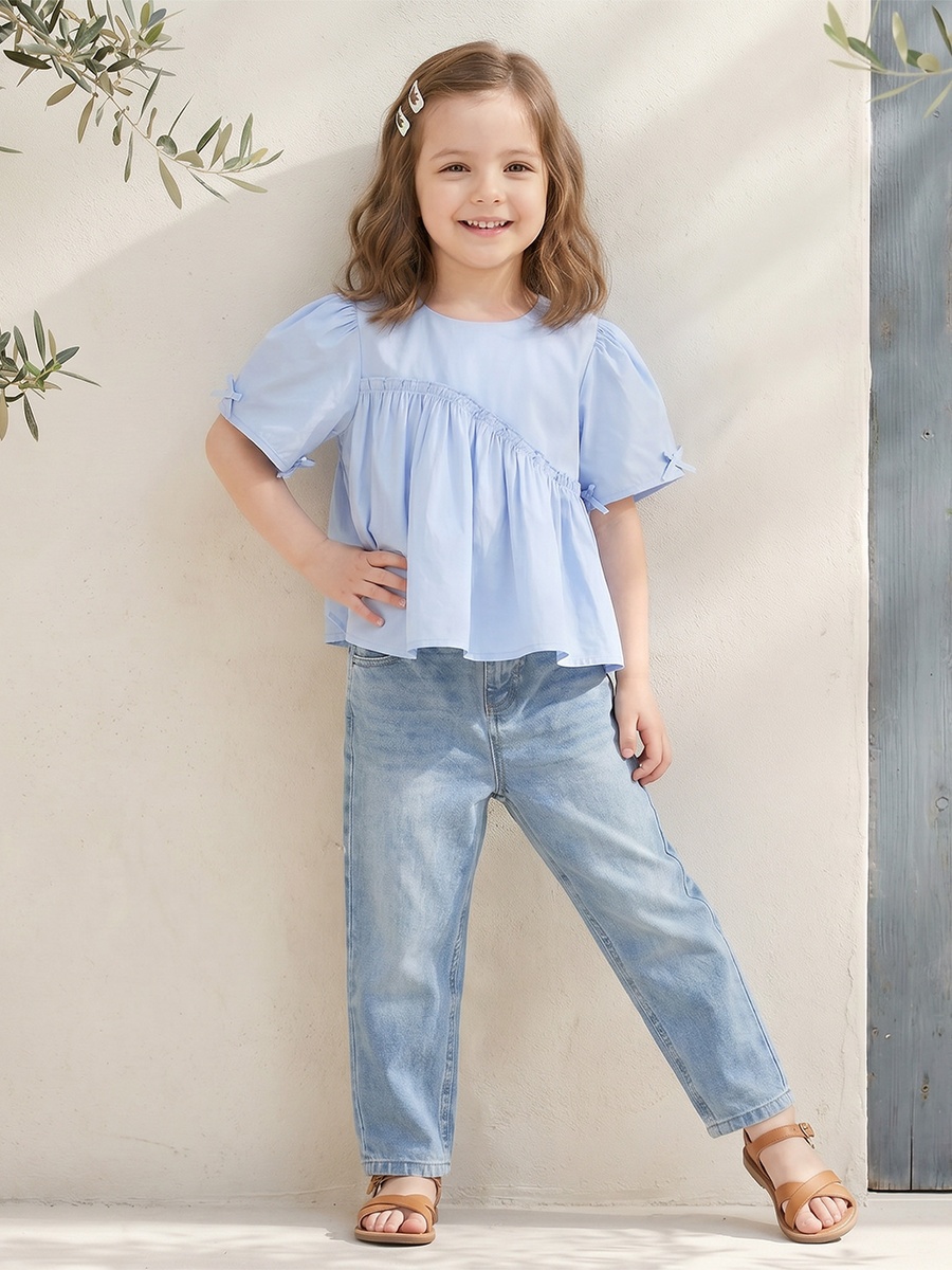 Round Neck Short Sleeves Top with Ruffle Detail