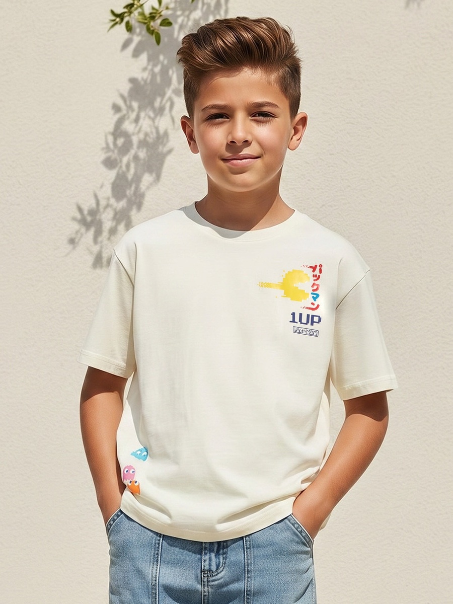Crew Neck Short Sleeves T-Shirt with Pac-Man Print