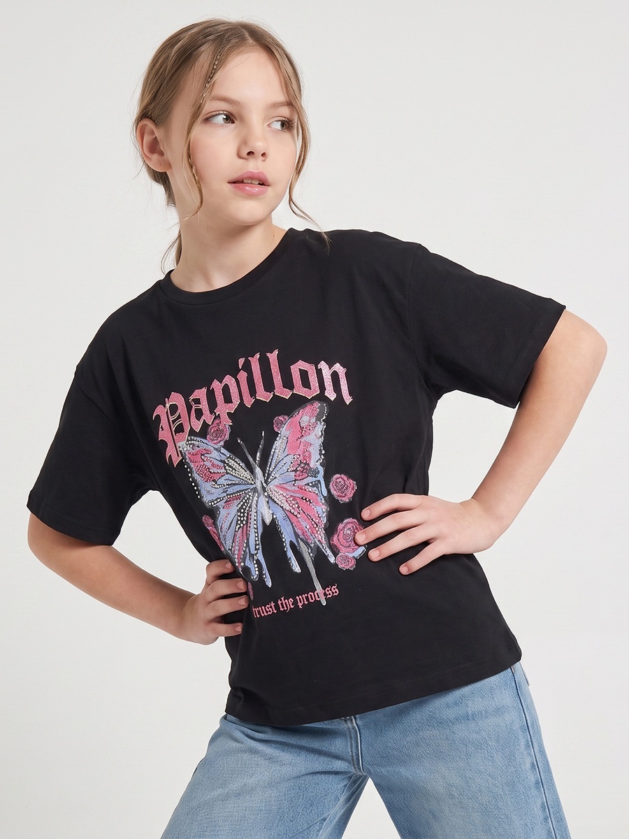 Crew Neck Short Sleeves T-Shirt with Butterfly Print