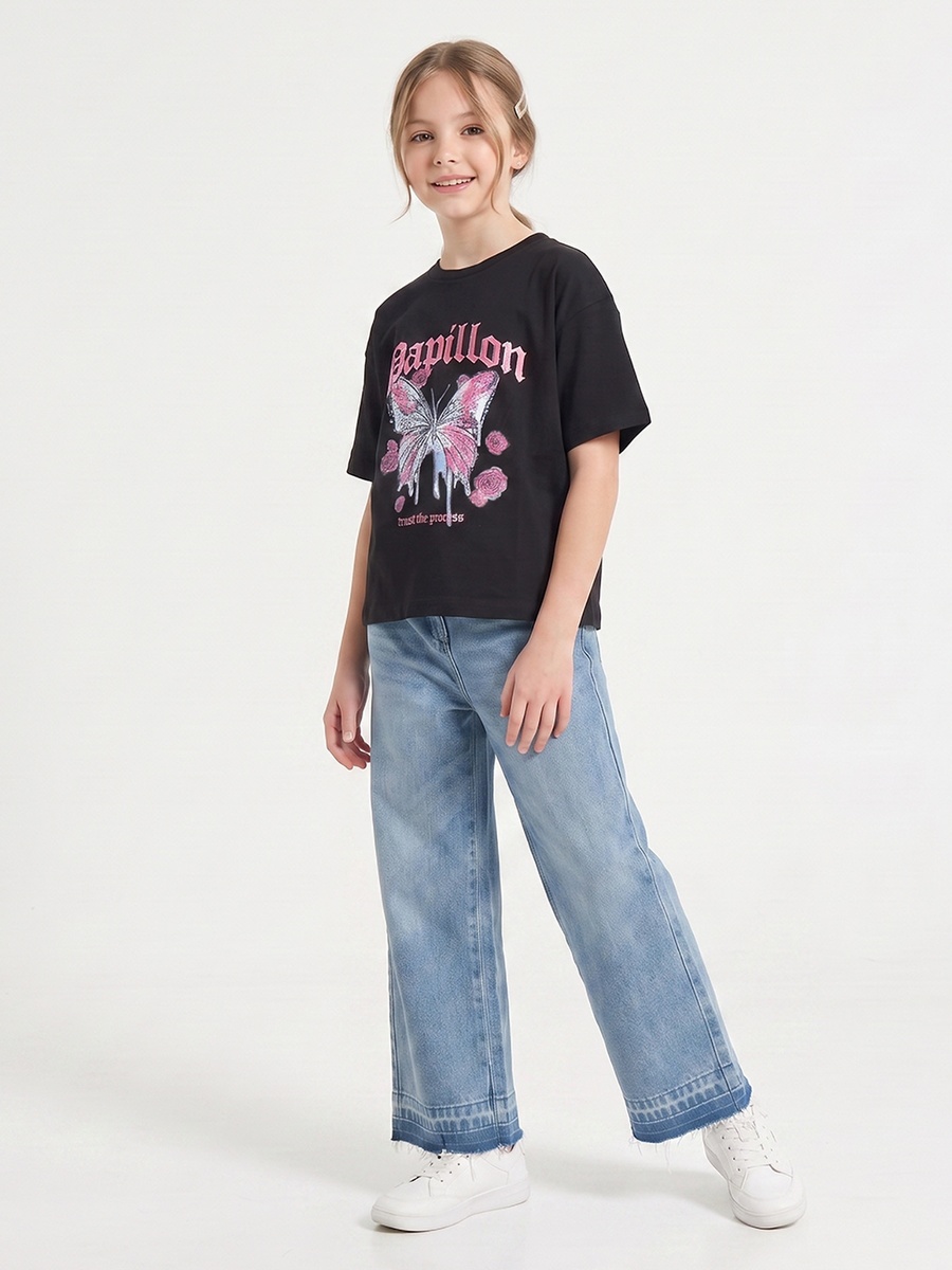 Crew Neck Short Sleeves T-Shirt with Butterfly Print