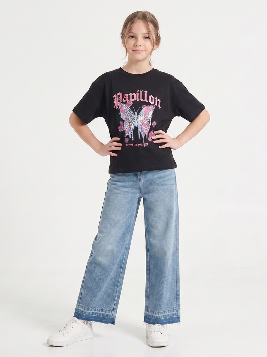 Crew Neck Short Sleeves T-Shirt with Butterfly Print