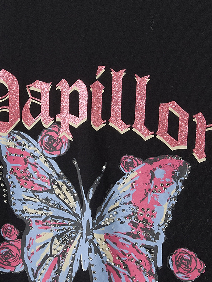 Crew Neck Short Sleeves T-Shirt with Butterfly Print