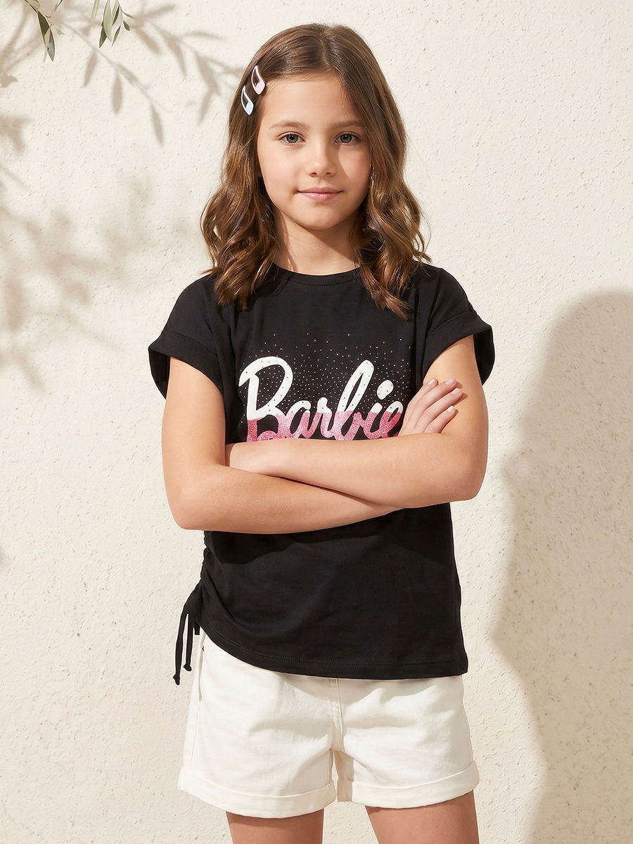 Crew Neck Short Sleeves T-Shirt with Barbie Print
