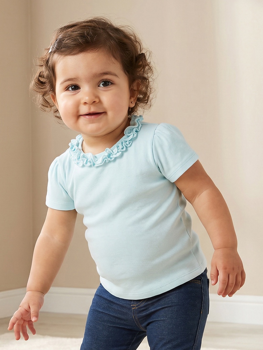 Crew Neck Short Sleeves T-Shirt with Ruffle Trim