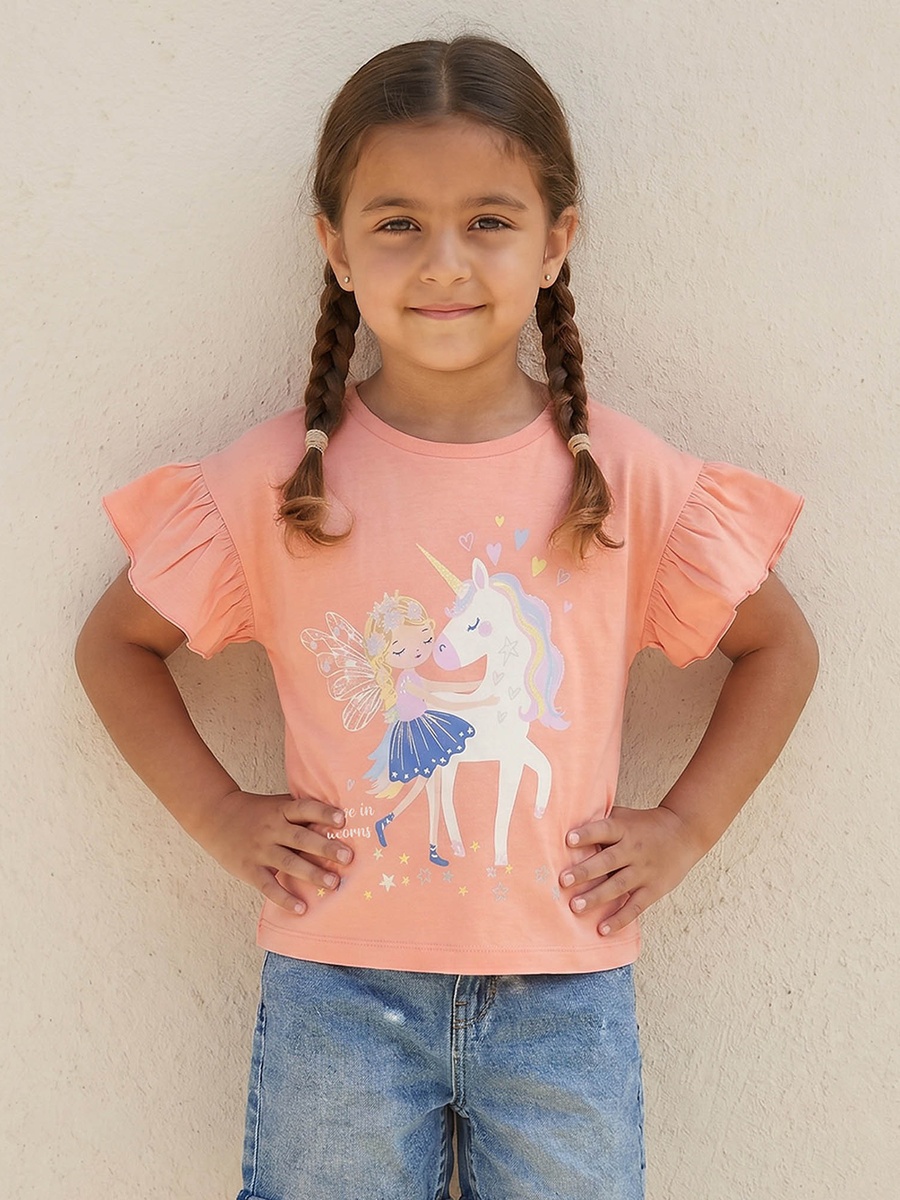 Round Neck Short Sleeves T-Shirt with Unicorn Print