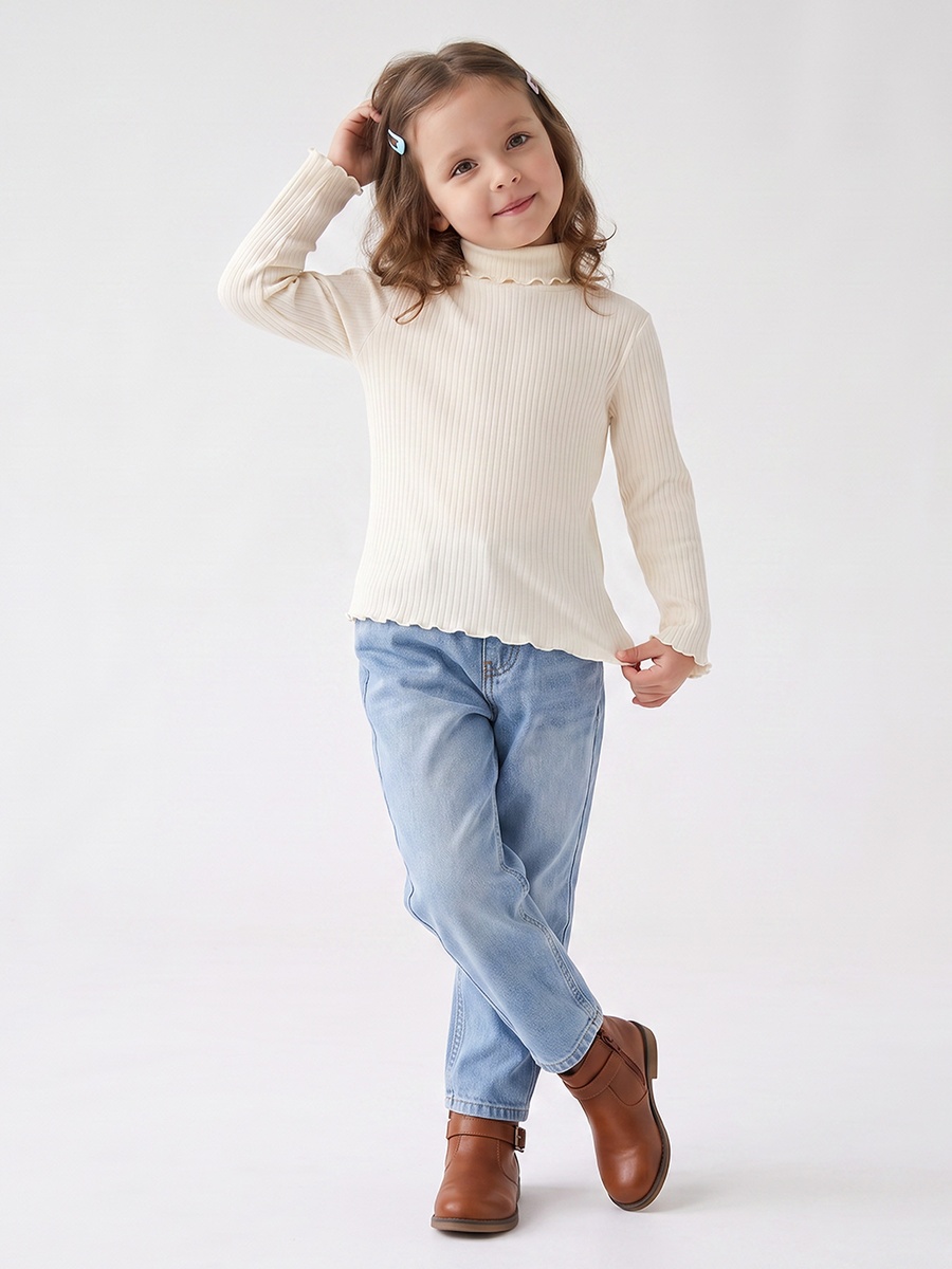 High Neck Long Sleeves T-Shirt with Ribbed Design