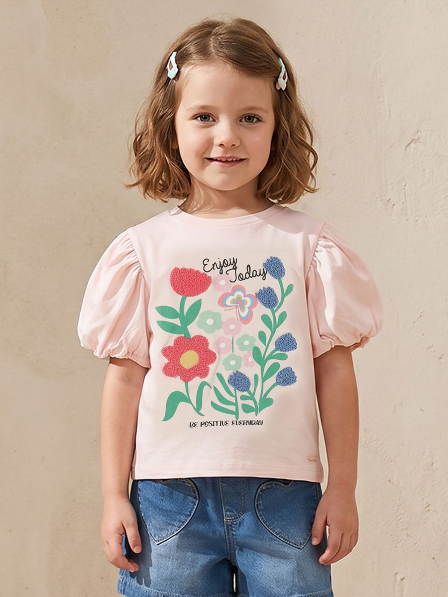 Crew Neck Short Sleeves T-Shirt with Floral Print