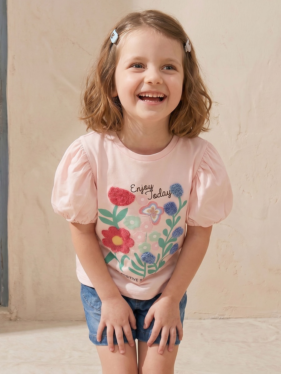 Crew Neck Short Sleeves T-Shirt with Floral Print