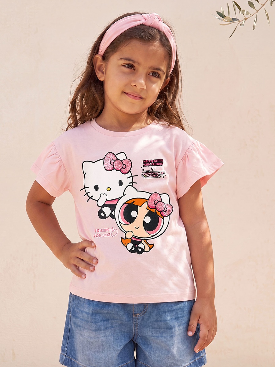 حزمة من 2 تيشيرت بياقة دائرية وأكمام قصيرة وطبعة هالو كيتي وفتيات القوة