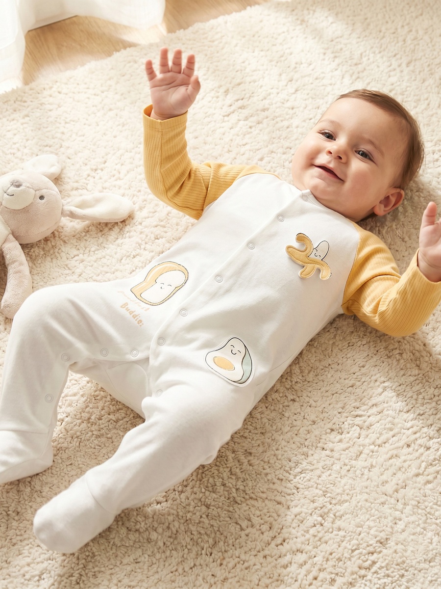 Cotton Round Neck Long Sleeves Sleepsuit with Food Applique