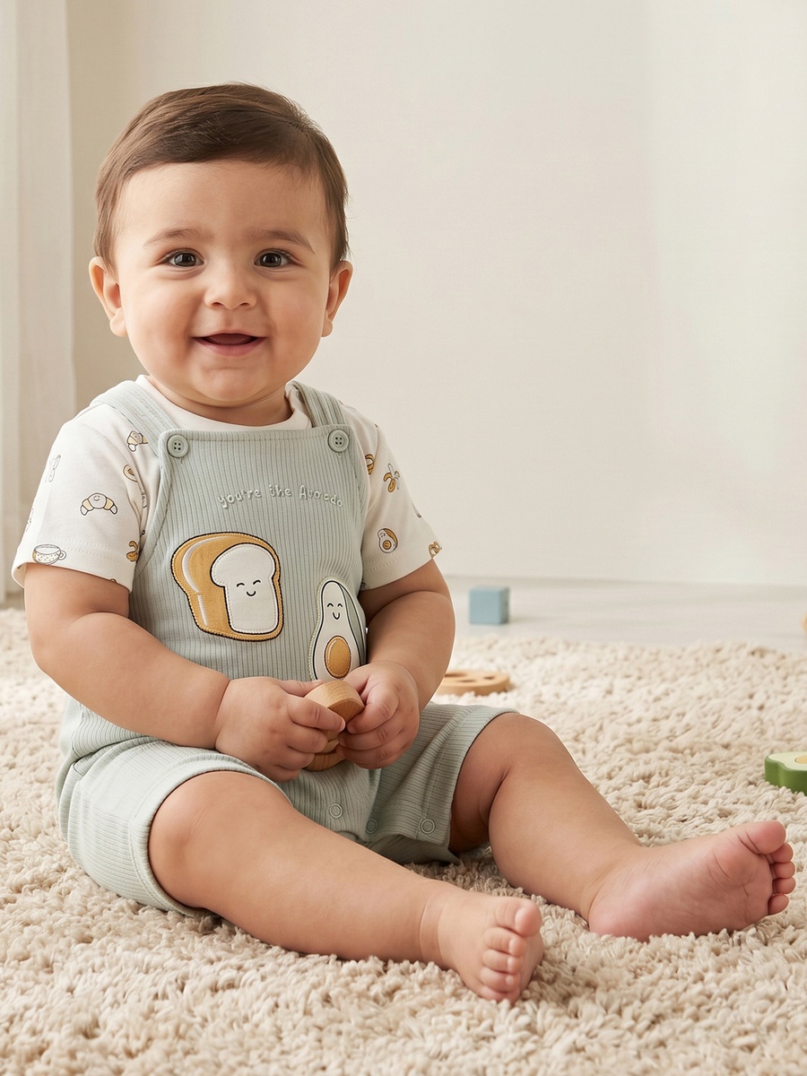 Crew Neck Short Sleeves T-Shirt and Dungaree Set with Avocado Toast Print