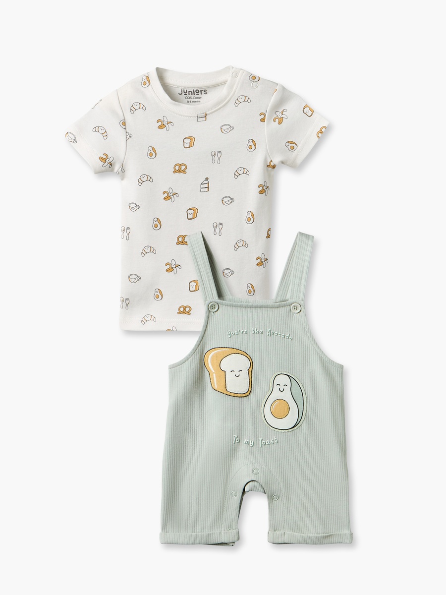 Crew Neck Short Sleeves T-Shirt and Dungaree Set with Avocado Toast Print