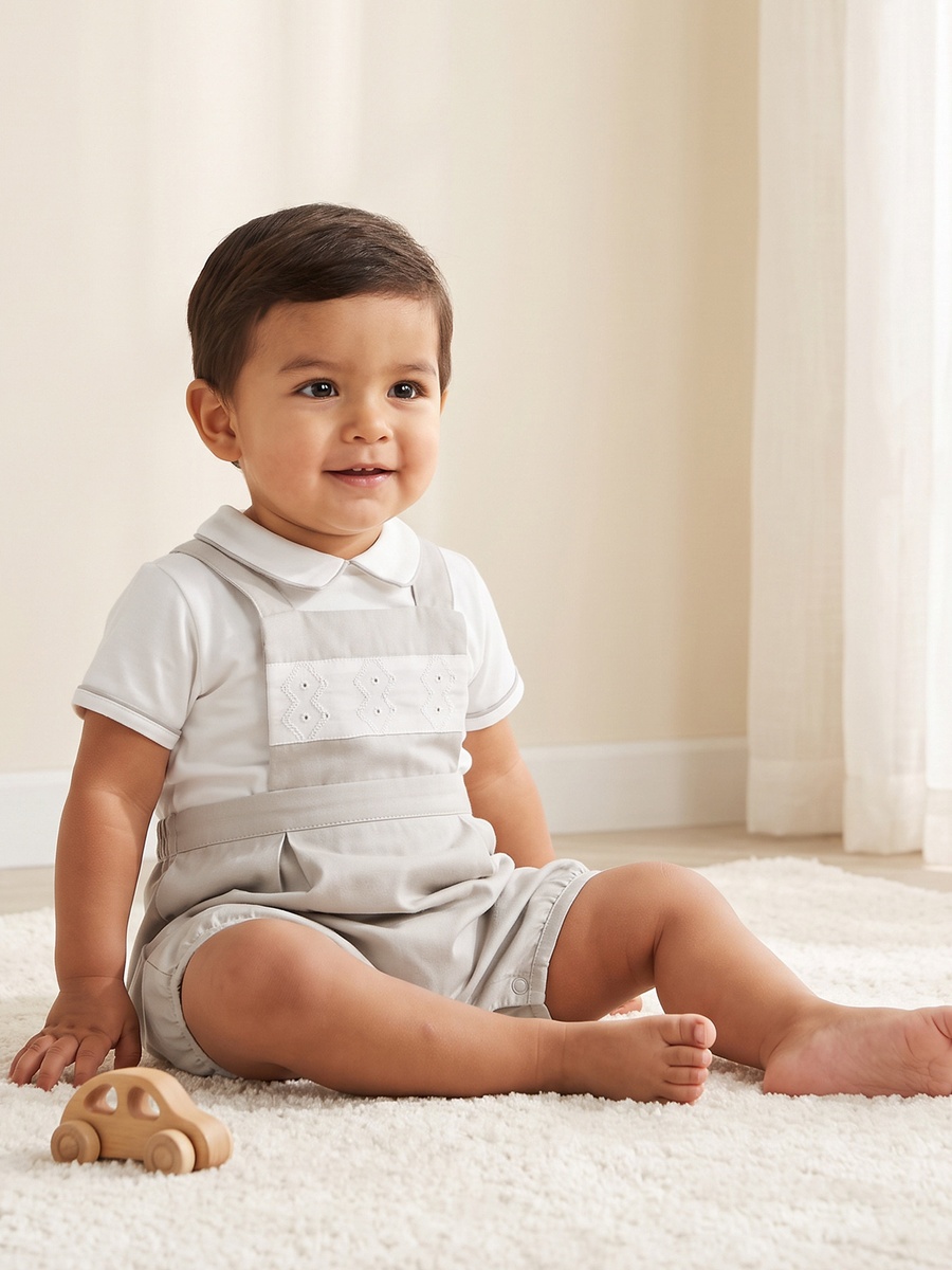 Peter Pan Collar Short Sleeves T-Shirt and Dungaree Set with Embroidery