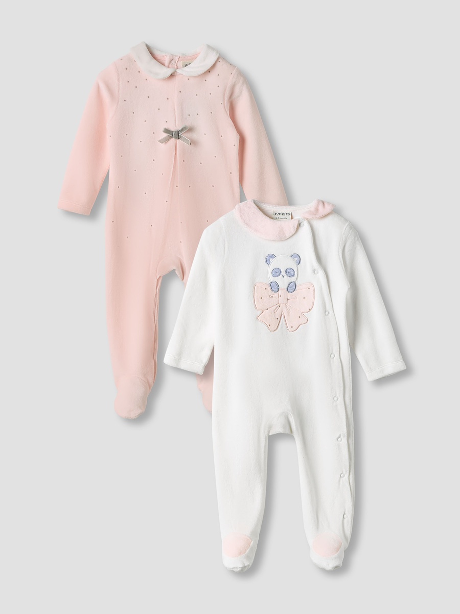 Textured Velour Footed Sleepsuit with Long Sleeves - Set of 2