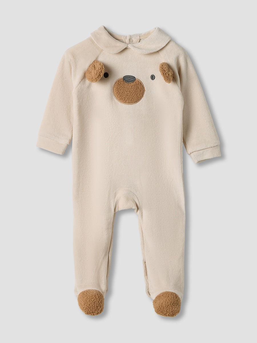 Bear Print Velour Closed Feet Sleepsuit with Button Closure - Set of 2