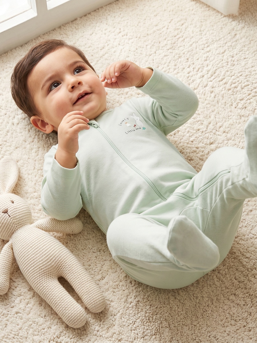 Pack of 3 Cotton Crew Neck Long Sleeves Sleepsuit with Zip Closure