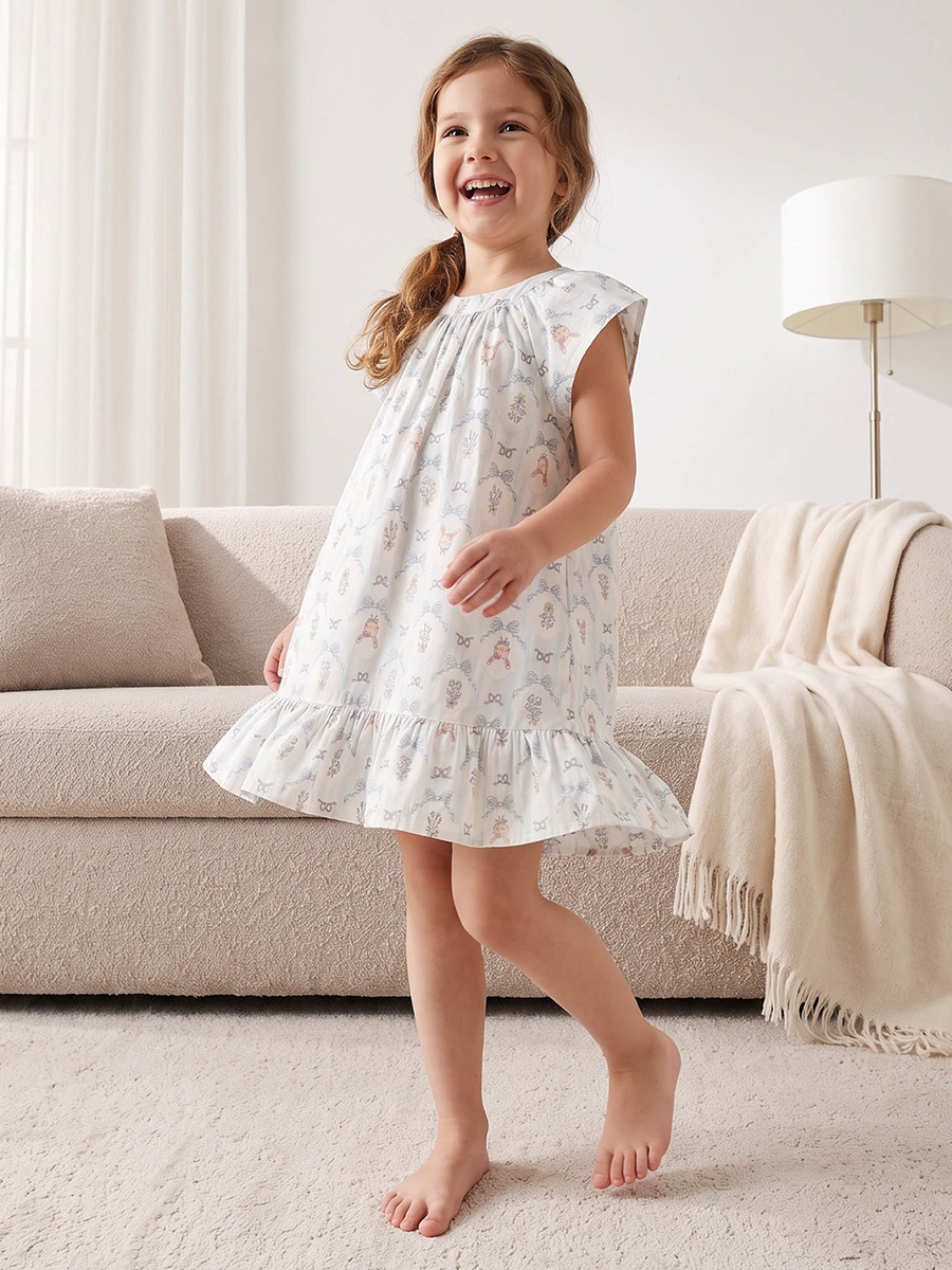 Cotton Crew Neck Short Sleeves Night Dress with Bow Print