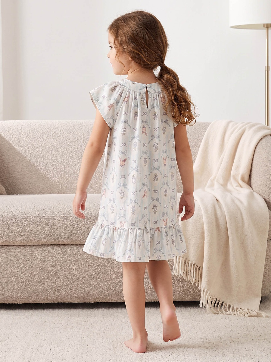 Cotton Crew Neck Short Sleeves Night Dress with Bow Print