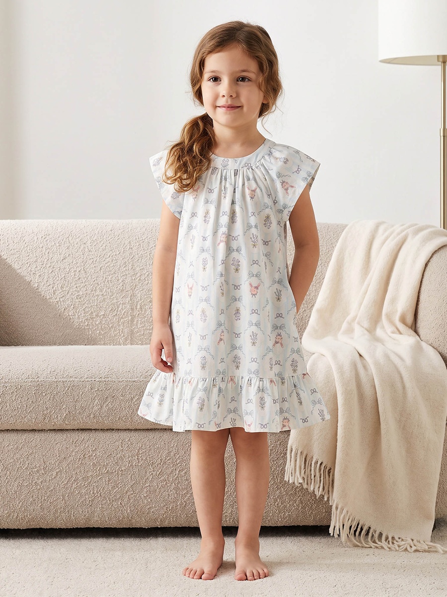 Cotton Crew Neck Short Sleeves Night Dress with Bow Print