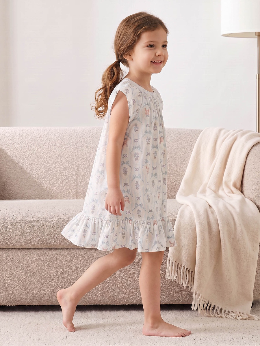 Cotton Crew Neck Short Sleeves Night Dress with Bow Print