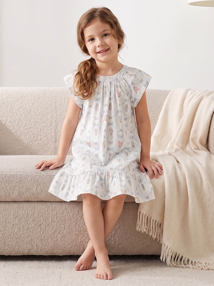 Cotton Crew Neck Short Sleeves Night Dress with Bow Print