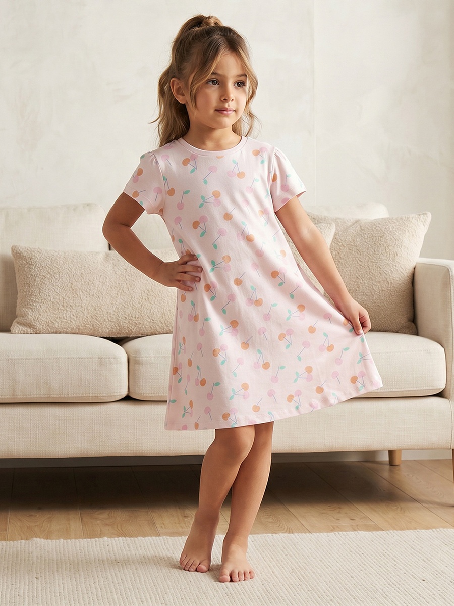 Cotton Crew Neck Short Sleeves Sleepshirt with Cherry Print