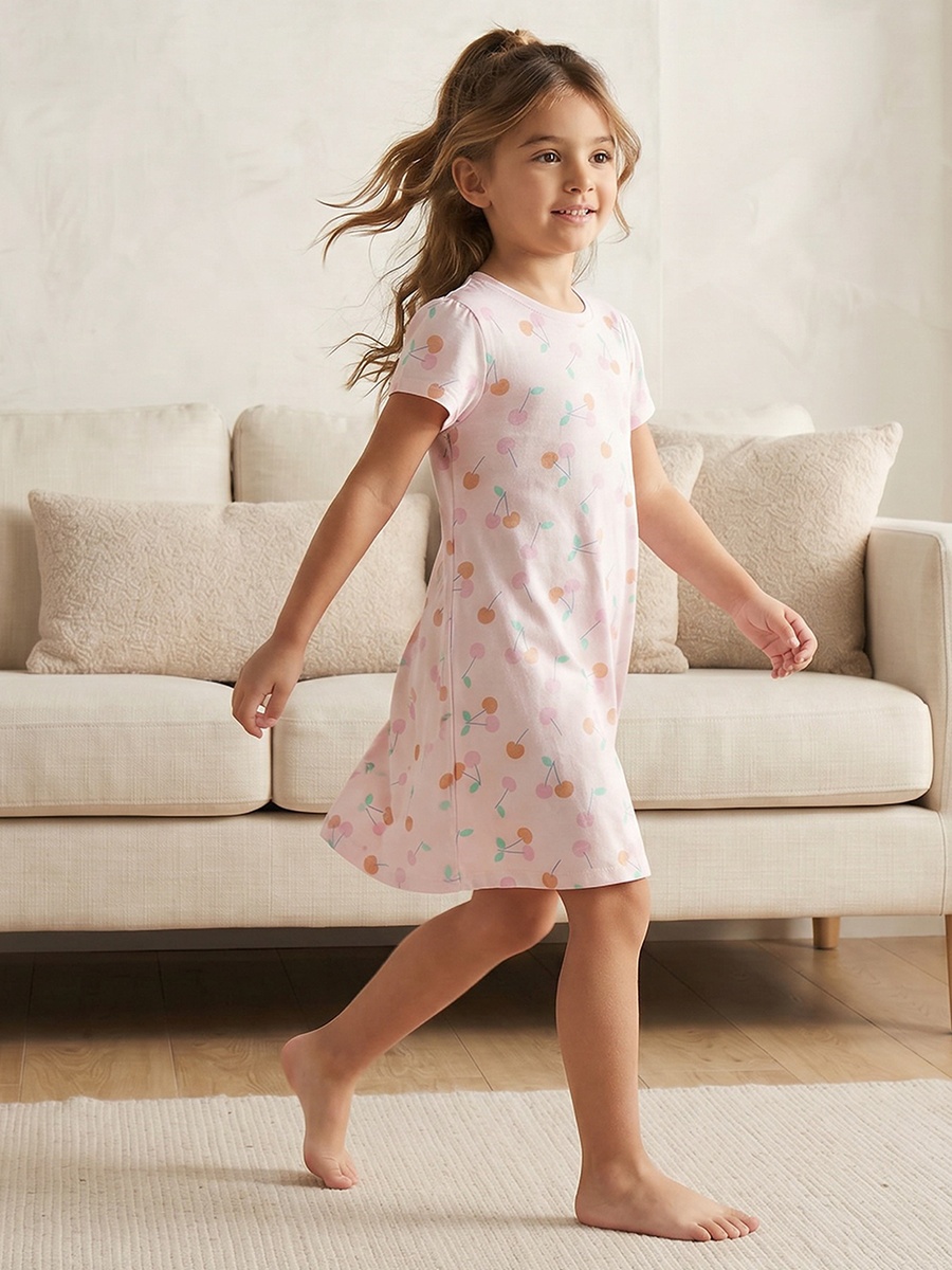 Cotton Crew Neck Short Sleeves Sleepshirt with Cherry Print