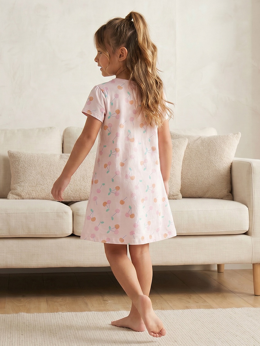Cotton Crew Neck Short Sleeves Sleepshirt with Cherry Print