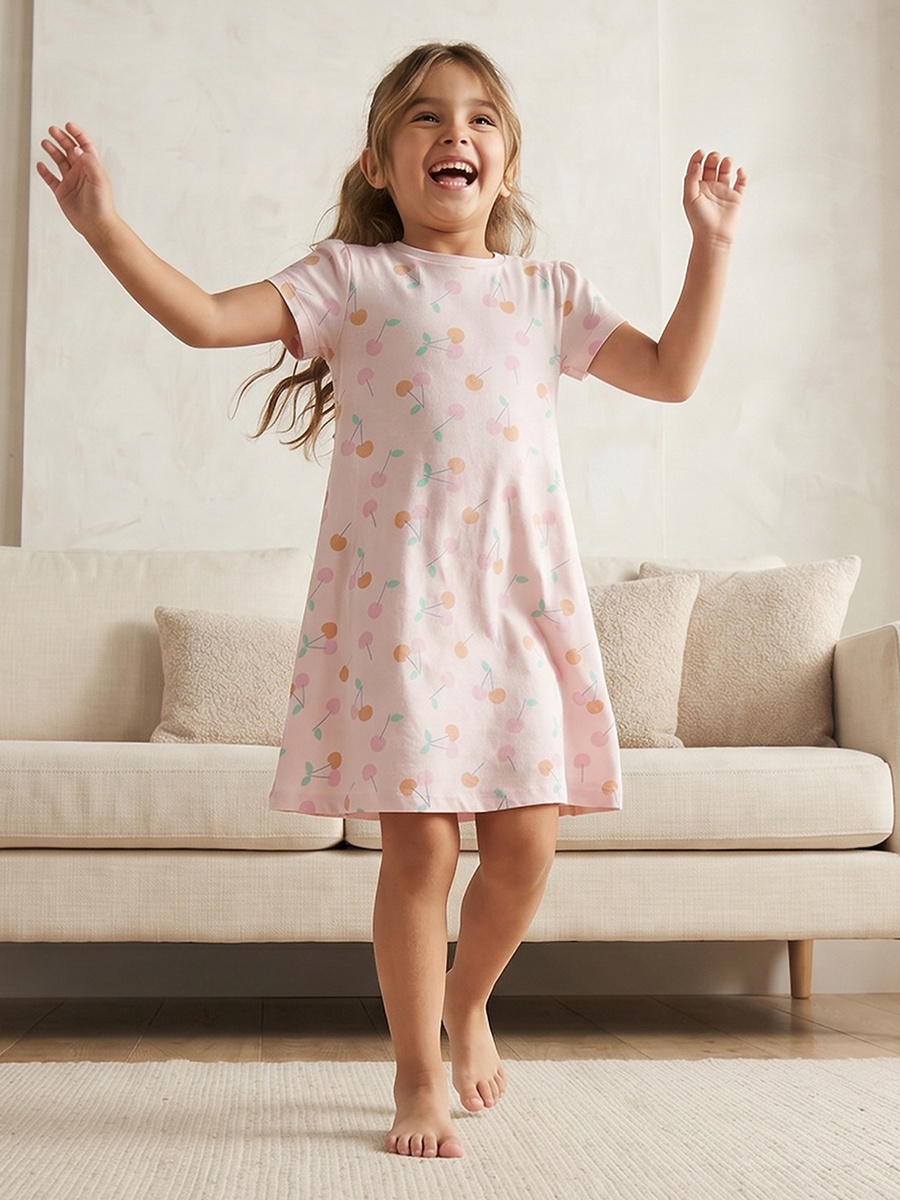 Cotton Crew Neck Short Sleeves Sleepshirt with Cherry Print