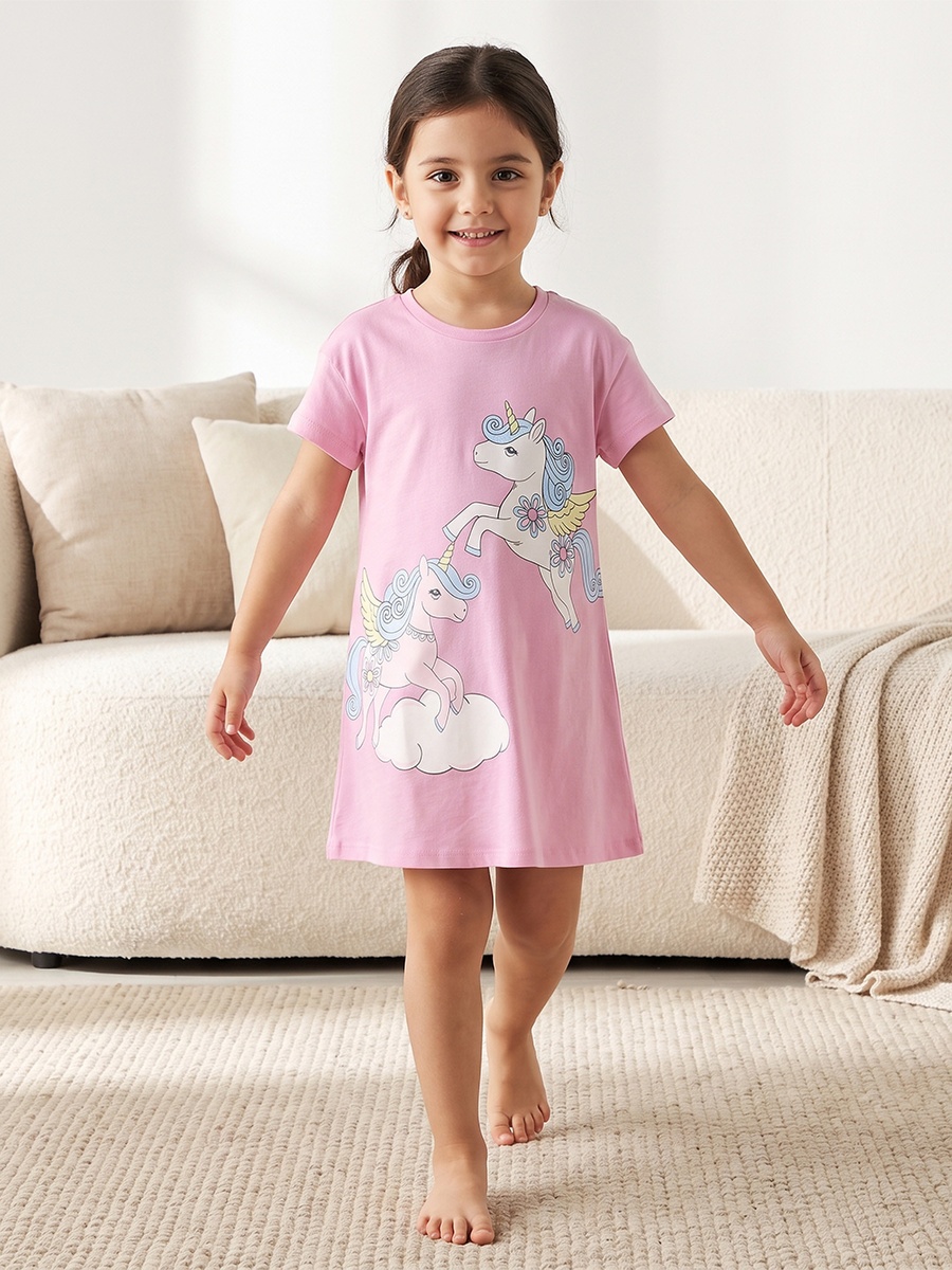 Pack of 2 Cotton Round Neck Short Sleeves Night Dress with Unicorn Print