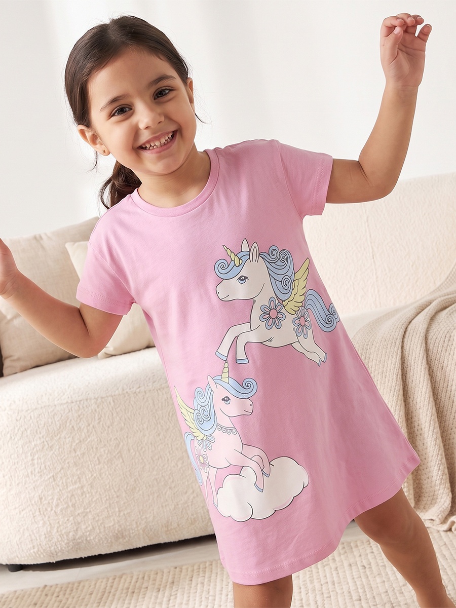 Pack of 2 Cotton Round Neck Short Sleeves Night Dress with Unicorn Print