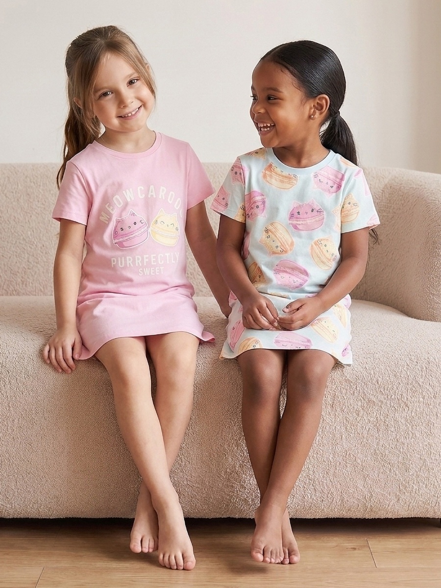 Pack of 2 Cotton Crew Neck Short Sleeves Night Dress with Macaron Print